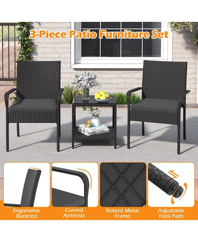 Gymax 3 Piece Patio Furniture Set Outdoor Wicker Chair & Table w/ Seat Cushions