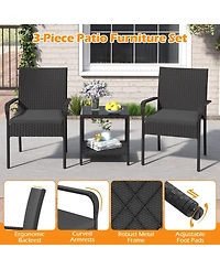 Gymax 3 Piece Patio Furniture Set Outdoor Wicker Chair & Table w/ Seat Cushions