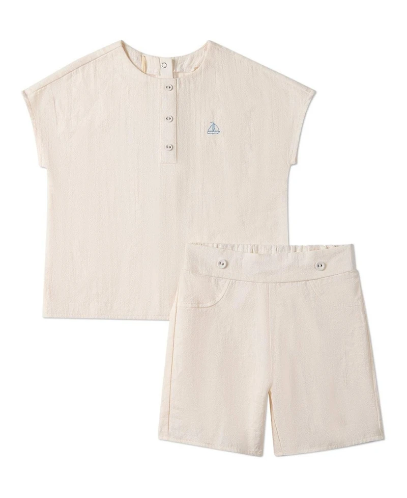 MeMoi Little Boys 2 Piece "Set The Sail" 100% Cotton Embroidered Shorts Set