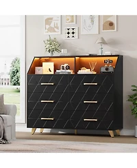 gaomon Dresser with 6 Large Storage Drawers, Tv Stand Dresser with Led Lights & Charging Station, Wood Dressers & Chests of Drawers for Closet