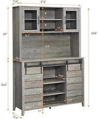 gaomon 70" Tall Farmhouse Coffee Bar Cabinet with Sliding Barn Door Ample Storage Buffet with 7 Adjustable Shelves Wine Rack and Glass Holder.