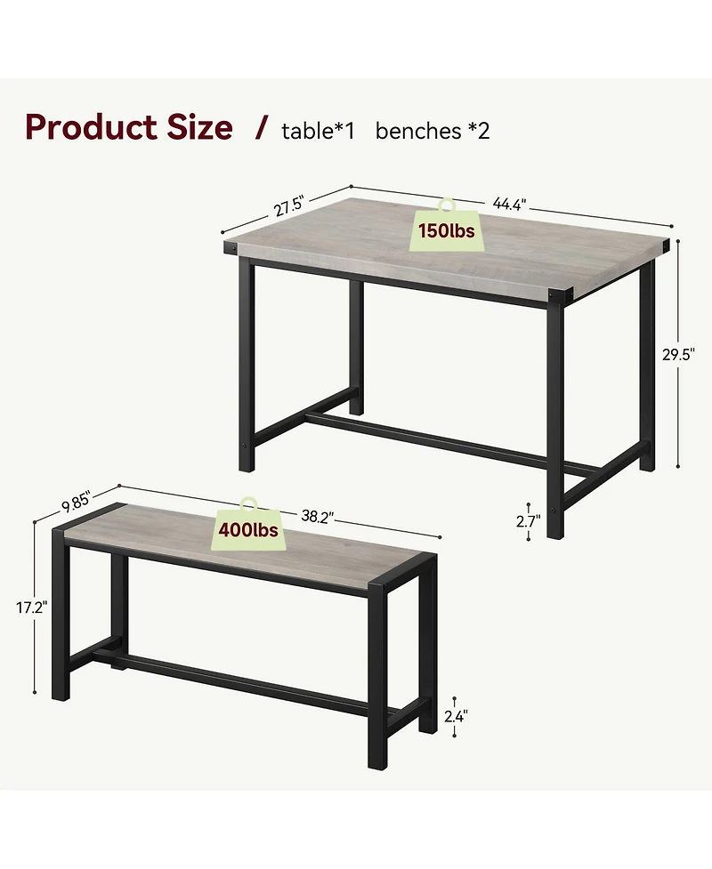gaomon Dining Table Set for 4, Kitchen Room with 2 Benches, 3-Piece Wood Dinette Sets Chairs