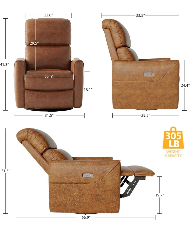 gaomon Power Recliner Chair Swivel Glider, Upholstered Faux Leather Nursery Reclining Sofa Chair with Charging Port, Adjustable Footrest