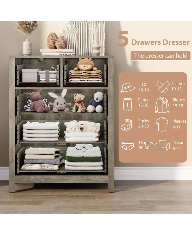 gaomon Dresser for Bedroom, Tall 5 Drawer Dresser with Deep Drawers & Metal Knobs, Modern Wooden Double Chests of Drawers for Kids Bedroom, Entryway