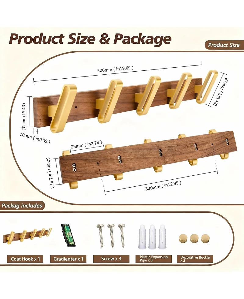 Yigii Solid Walnut Wood 5-Hook Wall Rack for Clothes