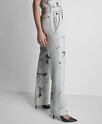 Dkny Women's Pinstripe Floral Mid Rise Flared Pants