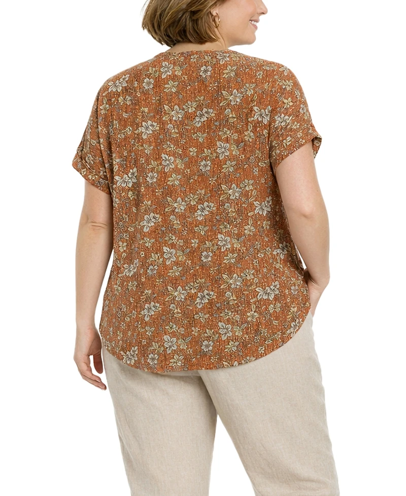 Coin 1804 Plus Size Boho Floral Rib Zip Front Dolman Top