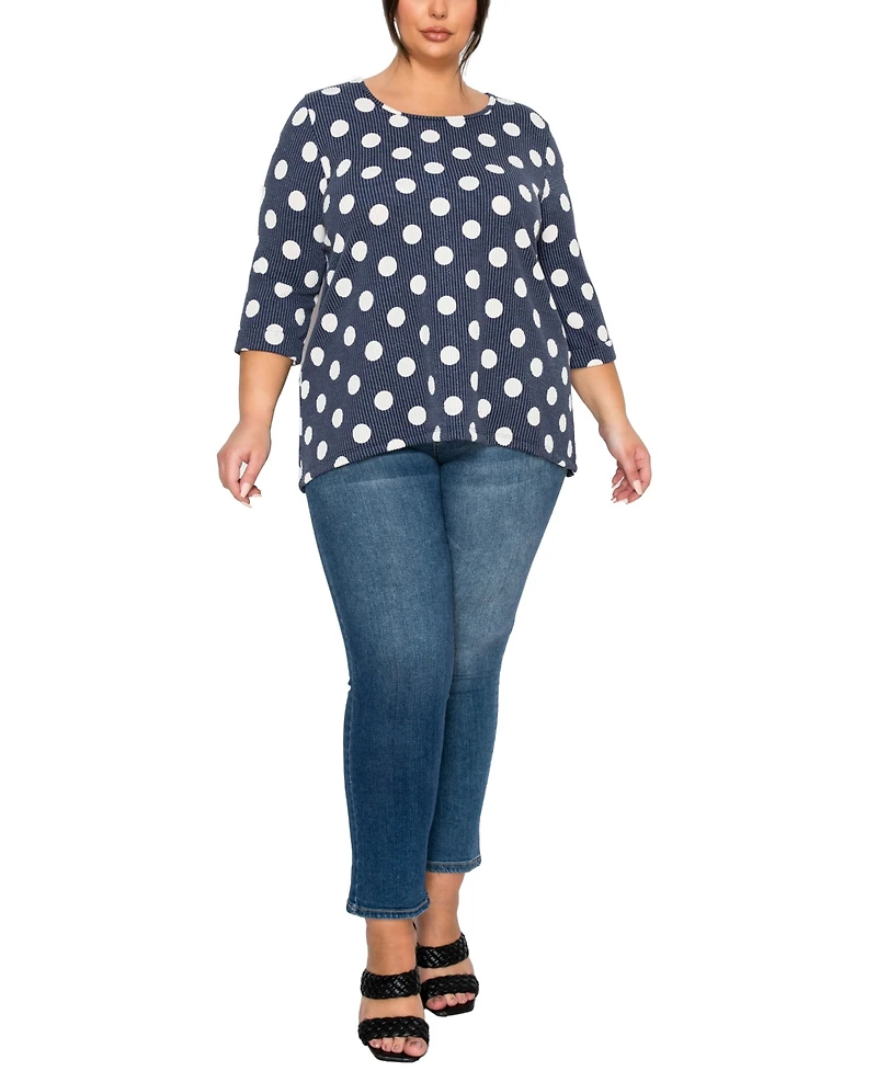 Coin 1804 Plus Polka Dot Double Knit Button Back 3/4 Rolled Sleeve