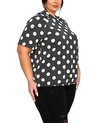 Coin 1804 Plus Polka Dot Double Knit Hoodie Short Sleeve Elastic Hem Top