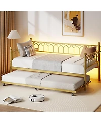 gaomon Twin Daybed with Pull-Out Trundle, Led Lights & Charging Station, Metal Sofa Bed,