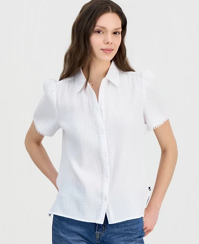 Nautica Women's Cotton Bobble-Trim Short-Sleeve Shirt