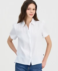 Nautica Women's Cotton Bobble-Trim Short-Sleeve Shirt