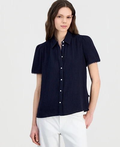 Nautica Women's Cotton Bobble-Trim Short-Sleeve Shirt