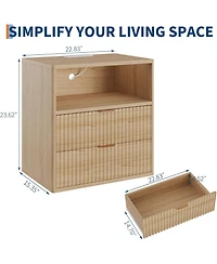 Gaomon Fluted Farmhouse Night Stand with Charging Station, 23" Mid-Century Modern Nightstand, 2 Drawers End Table