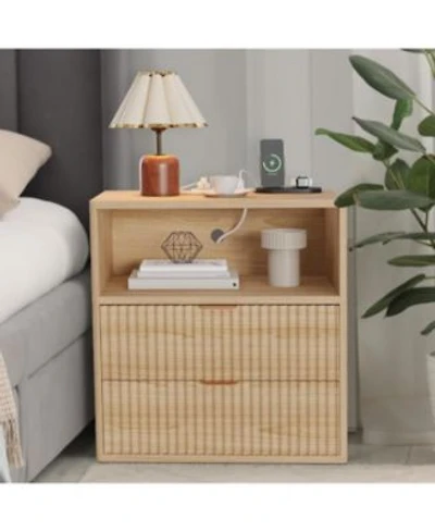 Draft Gaomon Fluted Farmhouse Night Stand With Charging Station 23 X22 Mid Century Modern Nightstand 2 Drawers End Table Wood