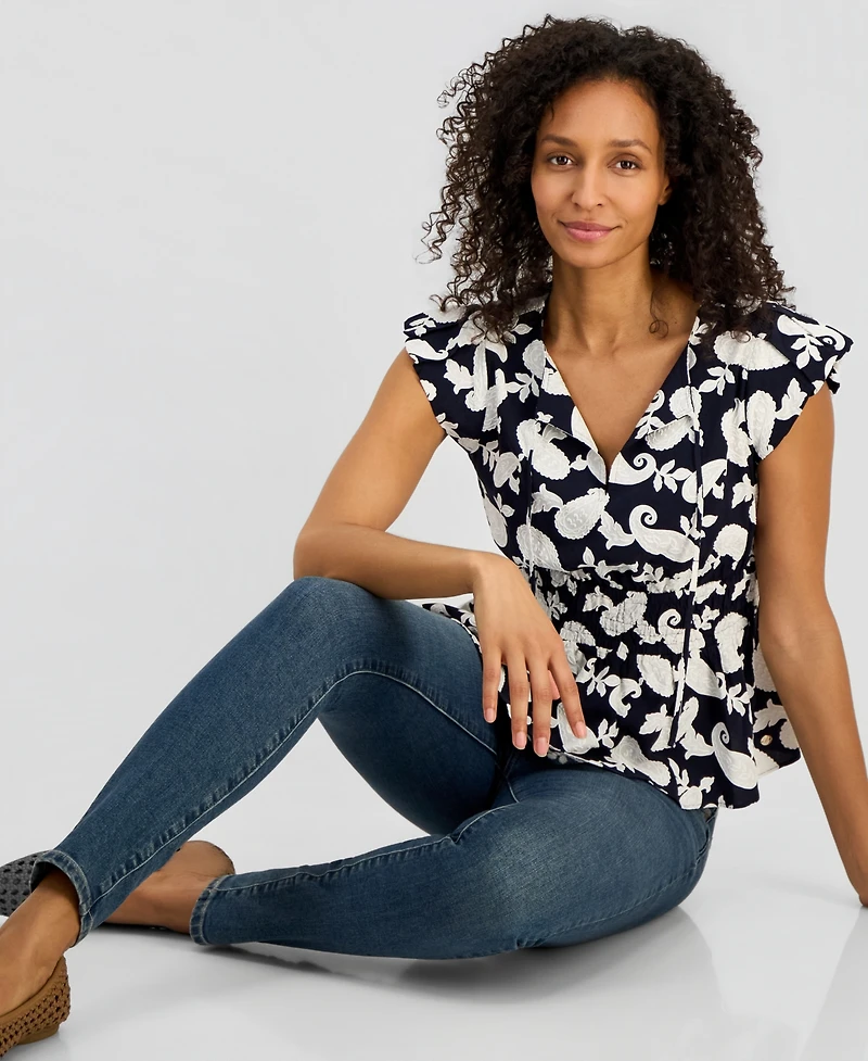 Nautica Women's Bubble-Sleeve Paisley-Print Peplum Top