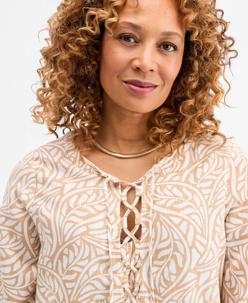 Jm Collection Women's Printed Lace-Up Linen-Blend Top, Macy's Exclusive