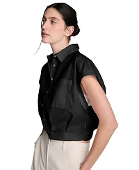 Kenneth Cole Women's Button Front Collared Cropped Shirt