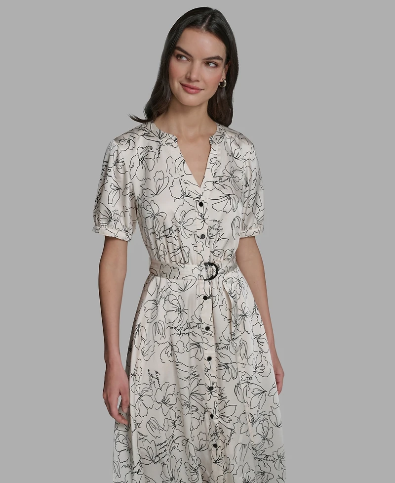 Karl Lagerfeld Paris Women's Printed Puff-Sleeve Tie-Waist Belt Midi Dress