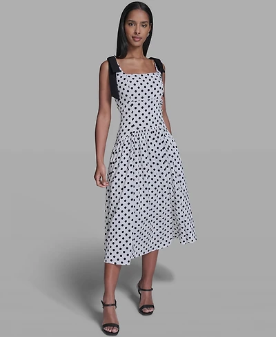 Karl Lagerfeld Paris Women's Sleeveless Polka Dot Bow Strap Midi Dress