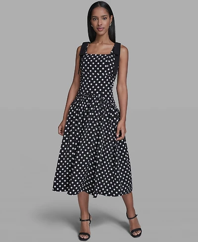 Karl Lagerfeld Paris Women's Sleeveless Polka Dot Bow Strap Midi Dress
