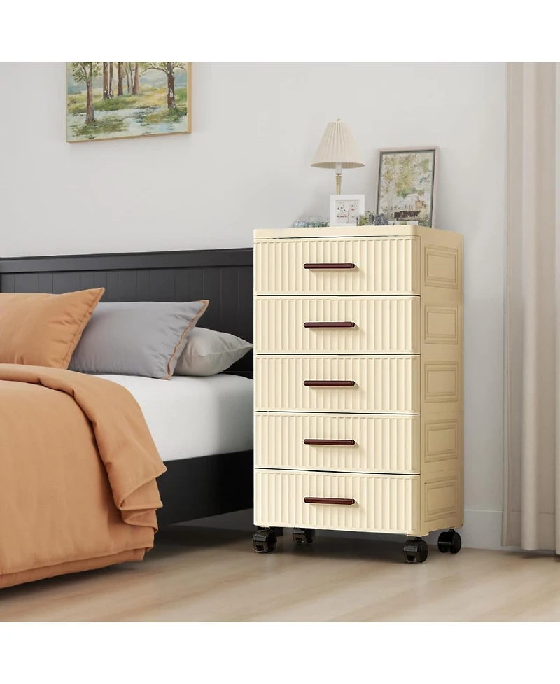 gaomon 5 Tiers Plastic Drawer Storage On Wheels, Storage Chest of Drawers Tall Dresser, Pull Out Storage Bins for Bedroom