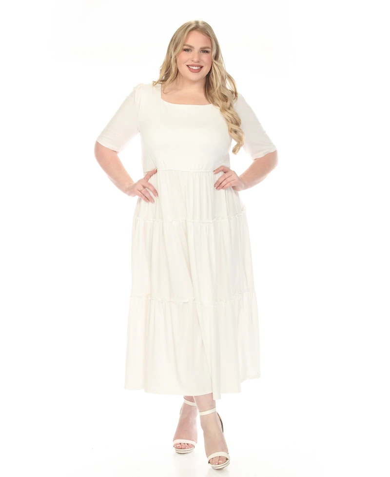 White Mark Plus Square Neck Short Sleeve Tiered Dress