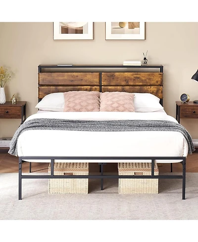 gaomon Queen Size Metal Platform Bed Frame with Storage Bedside, Rustic Vintage Wood Headboard, Mattress Foundation, No Box Spring