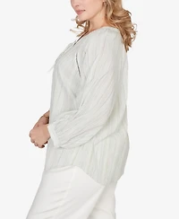 Ruby Rd. Plus Crinkle Stripe Tie Front Peasant Top