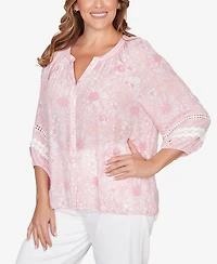 Ruby Rd. Plus Size Floral Silky Gauze Peasant Top