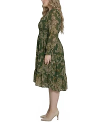Ny Collection Plus Long Sleeve Clip Dot Chiffon Dress with Smocked Waist and Cuffs
