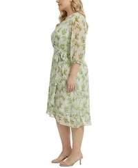 Ny Collection Plus Size 3/4 Sleeve V Neck Belted Chiffon Dress