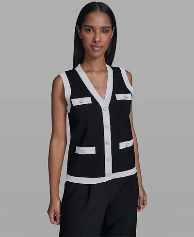 Karl Lagerfeld Paris Women's Button-Down V-Neck Sweater