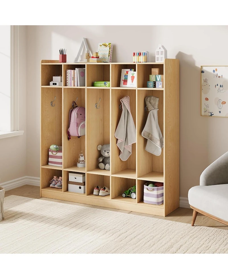 gaomon 5-Section Classroom Coat Locker with 10 Cubbies, Daycare Cubby Storage Organizer with 10 Hooks for Home, School, Nursery, Kindergarten.