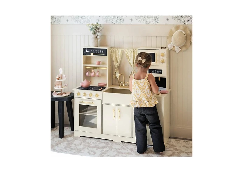 Tiny Land Iconic Wooden Play Kitchen – Cream Pretend Cooking Set for Kids