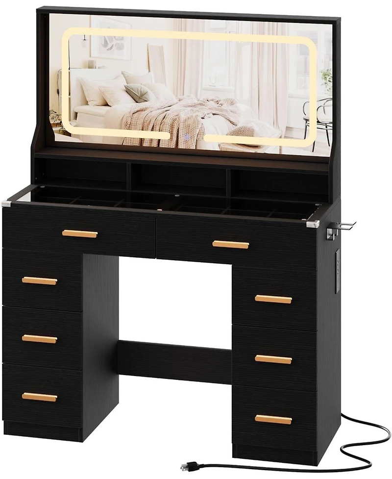 gaomon 42" Led Makeup Vanity Desk with Large Mirror, 8 Drawers & Charging Station, Modern Dressing Table Glass Top, Storage Stool