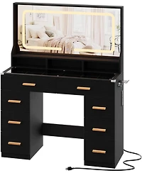 gaomon 42" Led Makeup Vanity Desk with Large Mirror, 8 Drawers & Charging Station, Modern Dressing Table Glass Top, Storage Stool