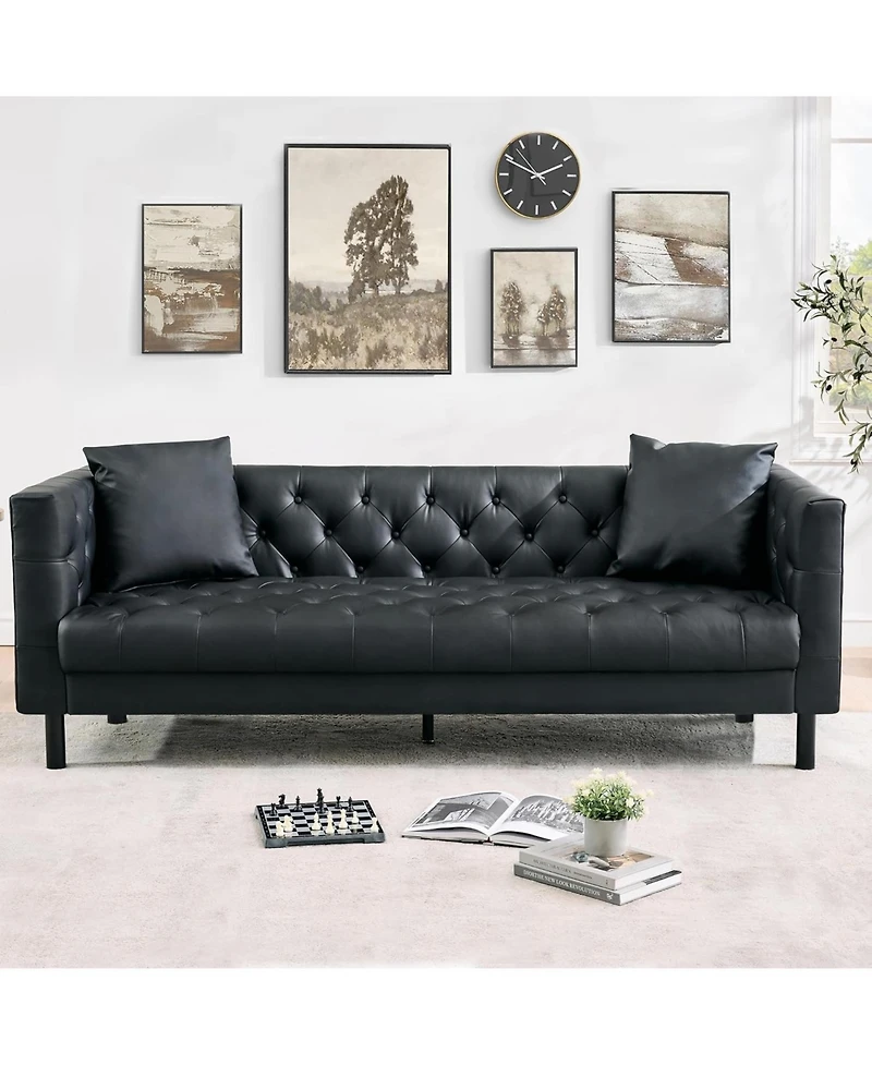 gaomon 78" Leather Couch, Handmade Button Tufted 3 Seater Chesterfield Sofa with Deep Seat and 2 Pillows for Living Room or Apartment