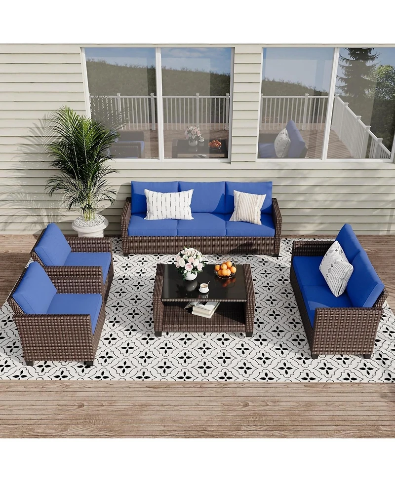 gaomon Patio Furniture Set 5 Pieces, Rattan Wicker Sectional Patio Seating Sofas with Cushions and Glass Coffee Table