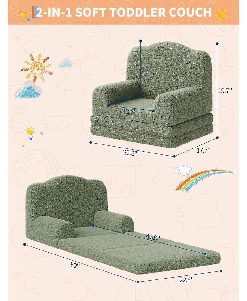 gaomon Kids Couch, 2-in-1 Comfy Toddler Couch Fold Out