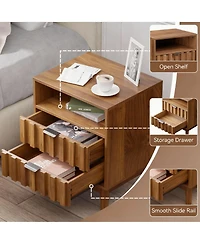 Yigii Fluted Pattern Modern Nightstand with 2 Drawers & Open Shelf