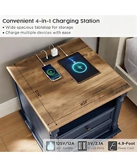 Yigii 24" Rustic Square Nightstand with Charging Station for Bedroom/Living Room