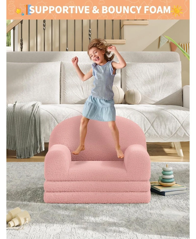 gaomon Kids Couch, 2-in-1 Convertible Teddy Fleece Fabric Toddler Sofa Chair, Soft Fold Out Couch Lounger for Kids, Comfy Children's Sofa Bed
