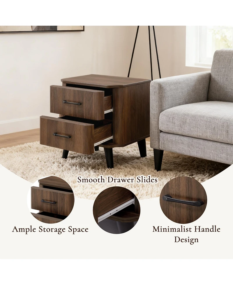 LuxenHome Mid Century Modern Nightstand, Walnut Night Stand with Curved Edge, Nightstand with Drawers