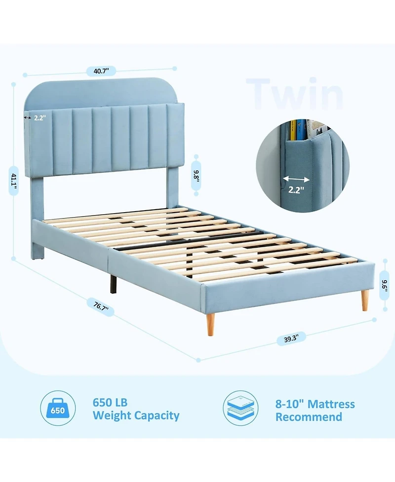gaomon 2PCS Twin Upholstered Platform Bed Frames with Bookcase Headboard,Velvet Mattress Foundation,Heavy Duty Steel Support Legs,Easy Assembly