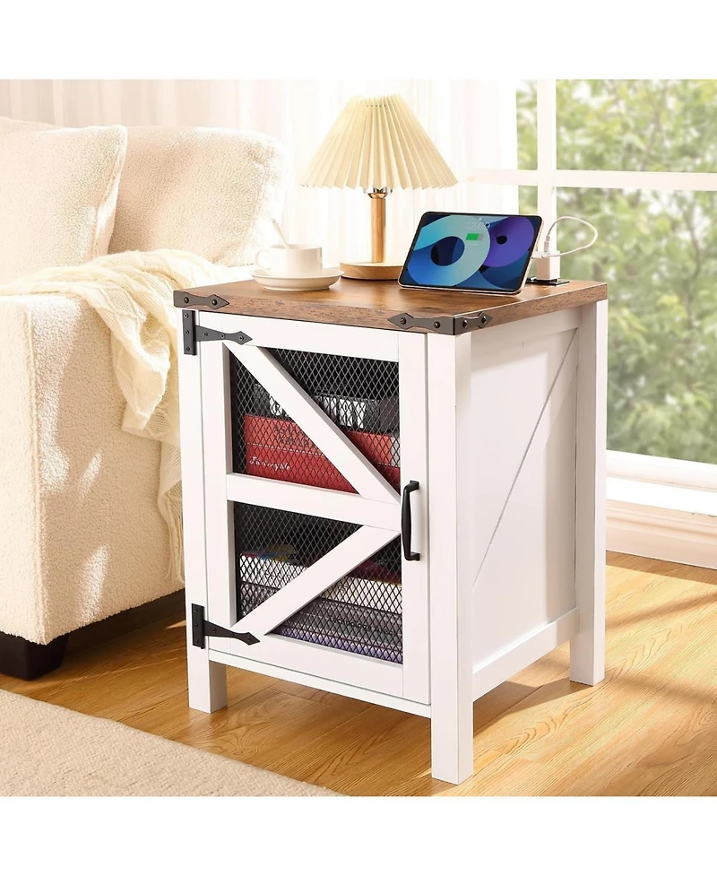 gaomon 18" Farmhouse Nightstand with Usb Station, Rustic Bedside Table with Barn Door and Storage Shelf for Bedroom, Industrial End Table for Liv