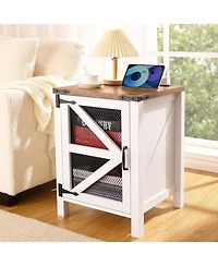 gaomon 18" Farmhouse Nightstand with Usb Station, Rustic Bedside Table with Barn Door and Storage Shelf for Bedroom, Industrial End Table for Liv
