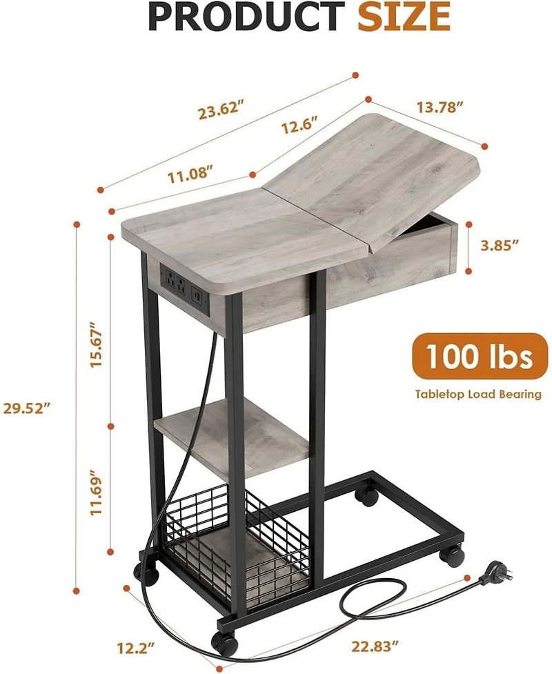 gaomon C Shaped Side Table with Charging Station, Flip Top End Table with Usb Ports and Outlets, Narrow Side Table with 3 Tier Storage Shelf, C Table