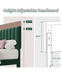 Queen Velvet Upholstered Platform Bed Frame with Vertical Channel Tufted Headboard,Adjustable Height Fits 8–12" Mattress,Noise-Free