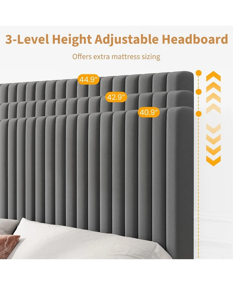 gaomon Full Size Velvet Platform Bed Frame with Vertical Channel Tufted Adjustable Headboard, Sturdy Wooden Slats, No Box Spring Needed